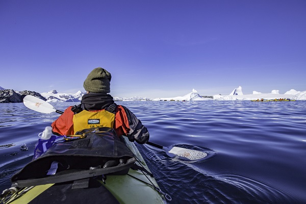 Intrepid Travel Peregrine Adventures Antarctica_Petermann Island_Kayakers_089